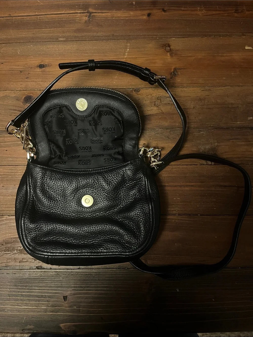 Michael Kors Black Pebble Leather Chain-Accent Crossbody